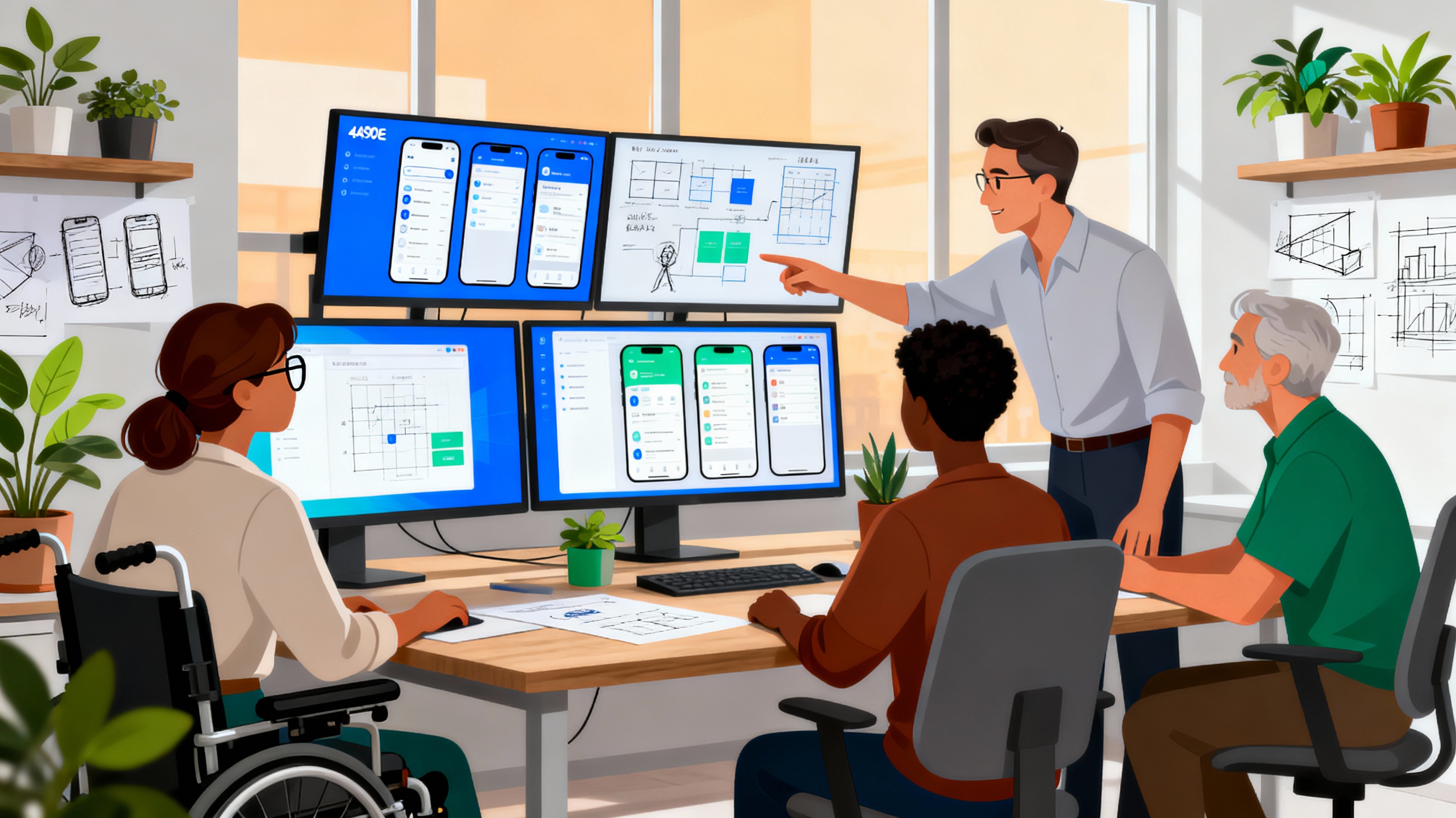 Developer at desk with purposeful atmosphere showing app interfaces on devices